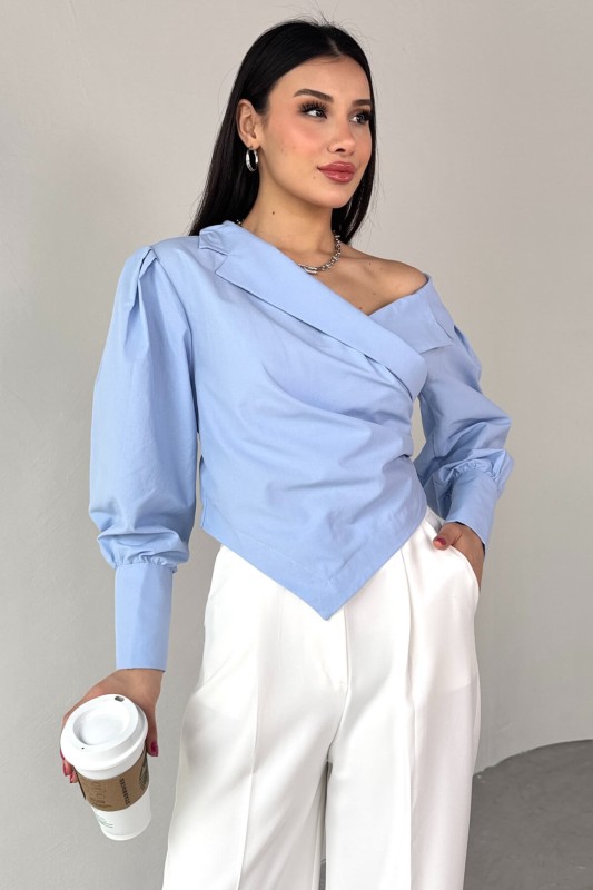 GML-0317 Bebe Mavi Çapraz Bağlamalı Duble Kol Kruvaze Yaka Crop Gömlek