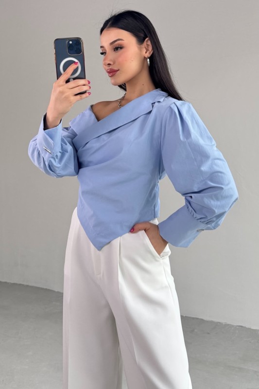 GML-0317 Bebe Mavi Çapraz Bağlamalı Duble Kol Kruvaze Yaka Crop Gömlek