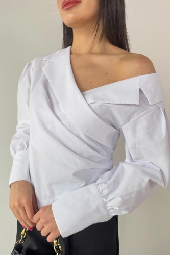 Cappmoda - GML-0317 Beyaz Çapraz Bağlamalı Duble Kol Kruvaze Yaka Crop Gömlek (1)