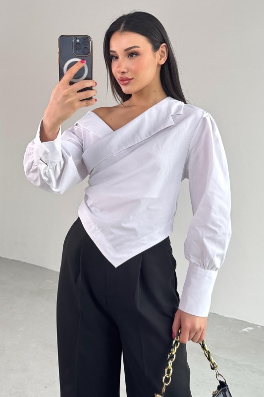 GML-0317 Beyaz Çapraz Bağlamalı Duble Kol Kruvaze Yaka Crop Gömlek