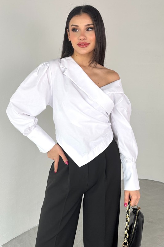 GML-0317 Beyaz Çapraz Bağlamalı Duble Kol Kruvaze Yaka Crop Gömlek