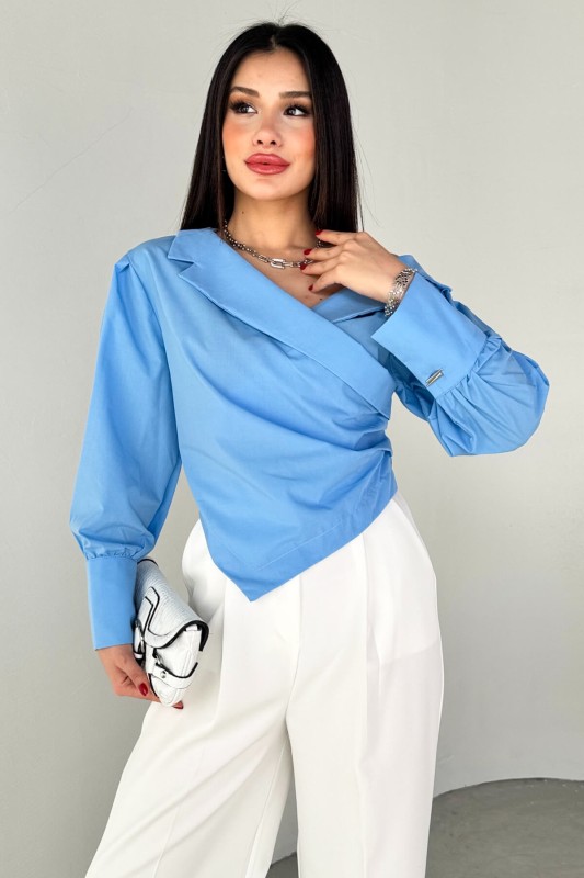 GML-0317 Mavi Çapraz Bağlamalı Duble Kol Kruvaze Yaka Crop Gömlek - 1