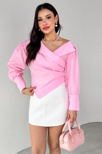 GML-0317 Pembe Çapraz Bağlamalı Duble Kol Kruvaze Yaka Crop Gömlek 