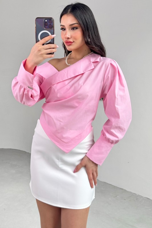 GML-0317 Pembe Çapraz Bağlamalı Duble Kol Kruvaze Yaka Crop Gömlek - 2