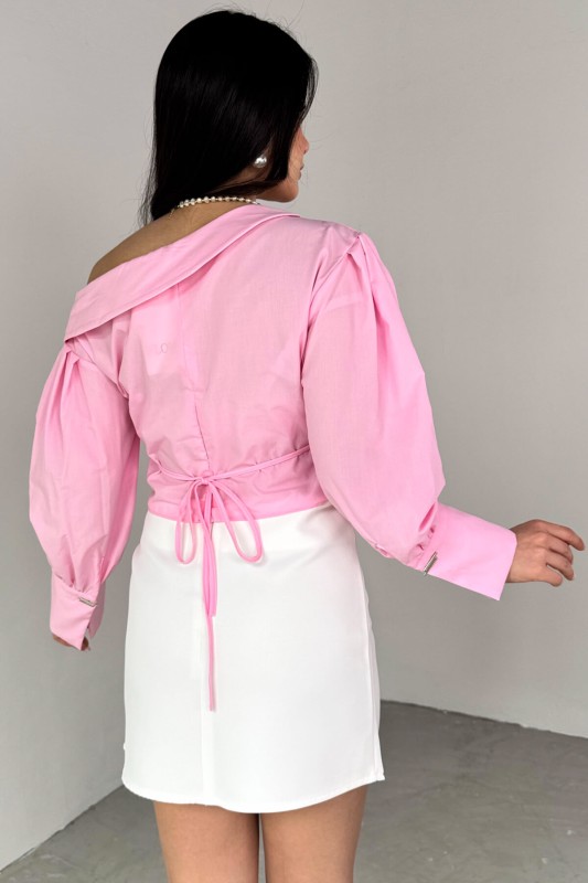 GML-0317 Pembe Çapraz Bağlamalı Duble Kol Kruvaze Yaka Crop Gömlek - 3