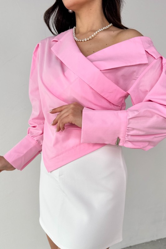 GML-0317 Pembe Çapraz Bağlamalı Duble Kol Kruvaze Yaka Crop Gömlek - 4