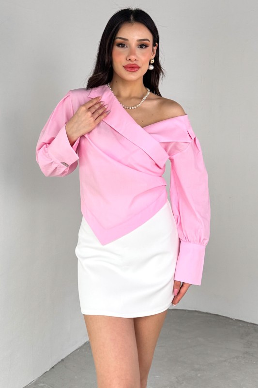 GML-0317 Pembe Çapraz Bağlamalı Duble Kol Kruvaze Yaka Crop Gömlek - 6