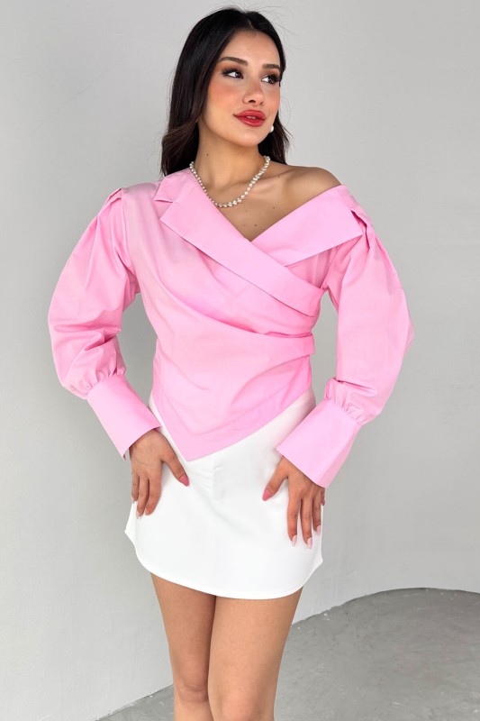GML-0317 Pembe Çapraz Bağlamalı Duble Kol Kruvaze Yaka Crop Gömlek - 7