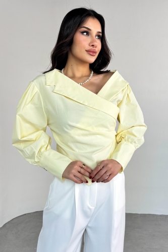 Cappmoda - GML-0317 Sarı Çapraz Bağlamalı Duble Kol Kruvaze Yaka Crop Gömlek (1)