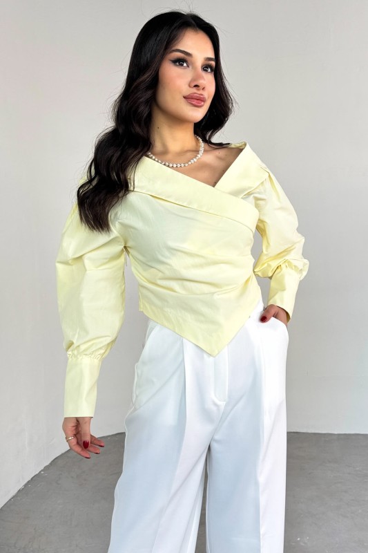 GML-0317 Sarı Çapraz Bağlamalı Duble Kol Kruvaze Yaka Crop Gömlek