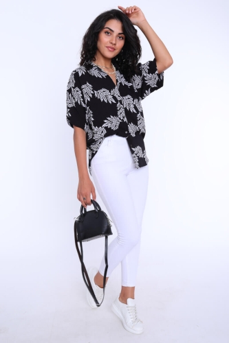 Cappmoda - GML-10049 Siyah Yaprak Desenli Gömlek (1)