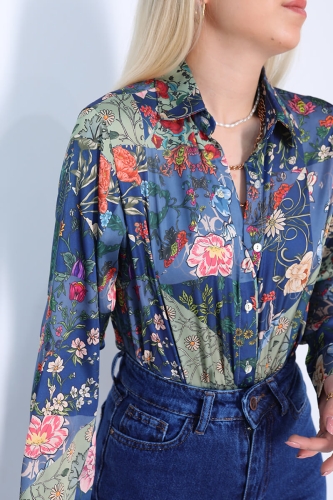 Cappmoda - GML-10183 Lacivert Haki Blok Çiçek Desenli Saten Kumaş Gömlek (1)