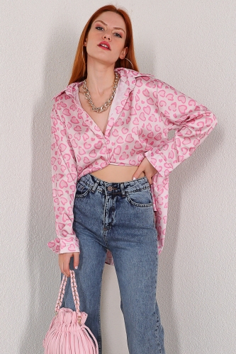 Cappmoda - GML-10184 Pudra Kalp Desenli Saten Salaş Gömlek (1)