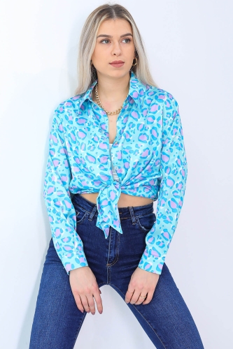 Cappmoda - GML-10186 Mavi Leopar Desenli Saten Salaş Gömlek (1)