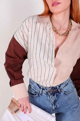 Cappmoda - GML-10201 Kahverengi Kol Parçalı Tasarım Keten Gömlek (1)