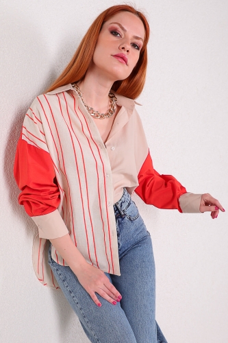 Cappmoda - GML-10201 Turuncu Kol Parçalı Tasarım Keten Gömlek (1)