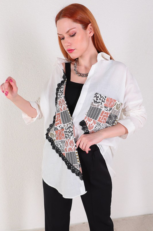 GML-10202 Beyaz Etnik Desen Detaylı Gömlek