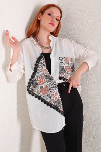 Cappmoda - GML-10202 Beyaz Etnik Desen Detaylı Gömlek (1)