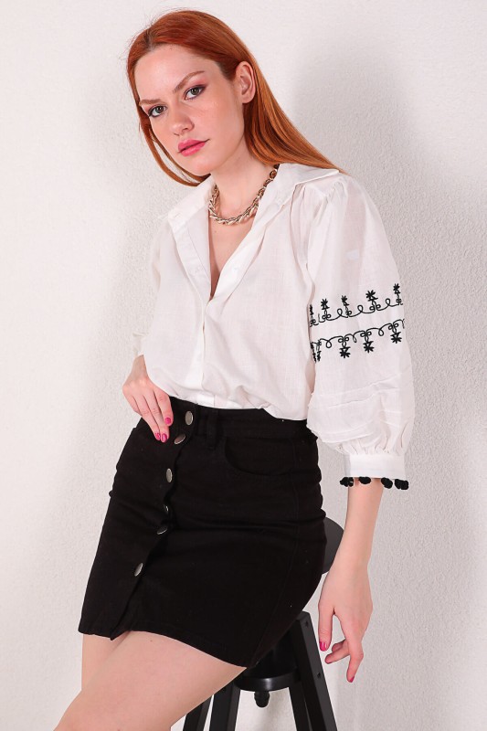 GML-10203 Beyaz Nakış Detaylı Balon Kol Gömlek
