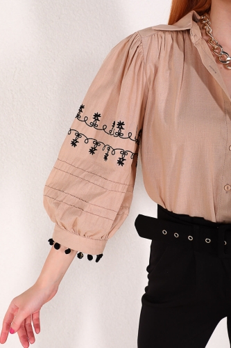 Cappmoda - GML-10203 Vizon Nakış Detaylı Balon Kol Gömlek (1)