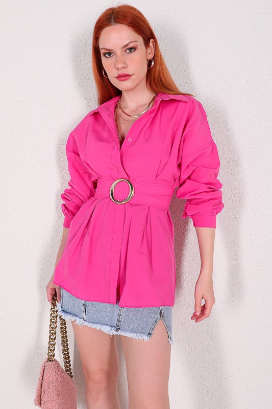 GML-10206 Pembe Kemerli Salaş Uzun Gömlek