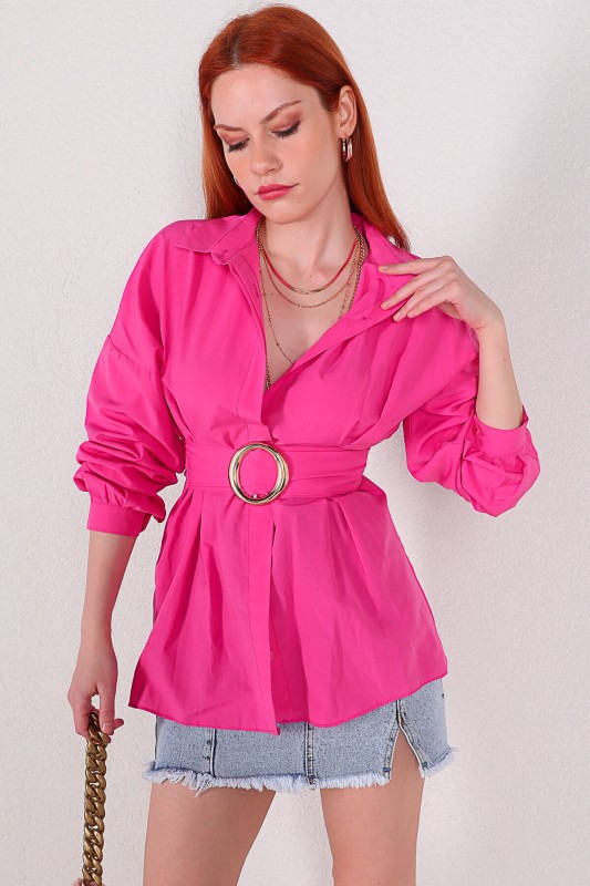 GML-10206 Pembe Kemerli Salaş Uzun Gömlek