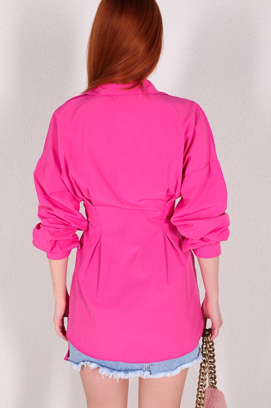 GML-10206 Pembe Kemerli Salaş Uzun Gömlek