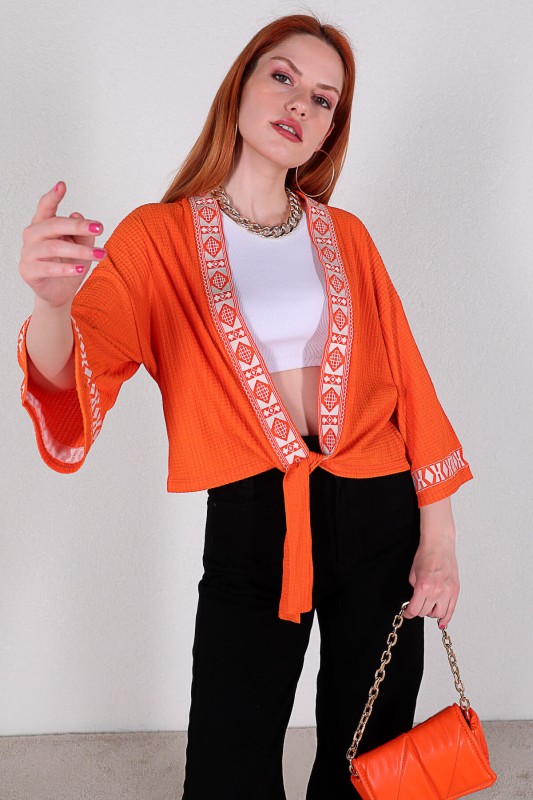 GML-10207 Turuncu Şerit Detaylı Bağlamalı Gömlek