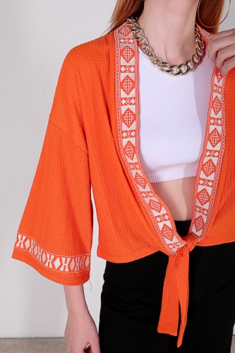 Cappmoda - GML-10207 Turuncu Şerit Detaylı Bağlamalı Gömlek (1)