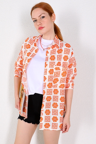 Cappmoda - GML-10212 Turuncu Desenli Cep Detay Keten Kumaş Gömlek (1)