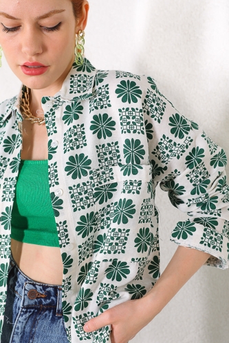 Cappmoda - GML-10212 Yeşil Desenli Cep Detay Keten Kumaş Gömlek (1)