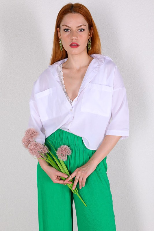 GML-10213 Beyaz Cepli Crop Salaş Gömlek
