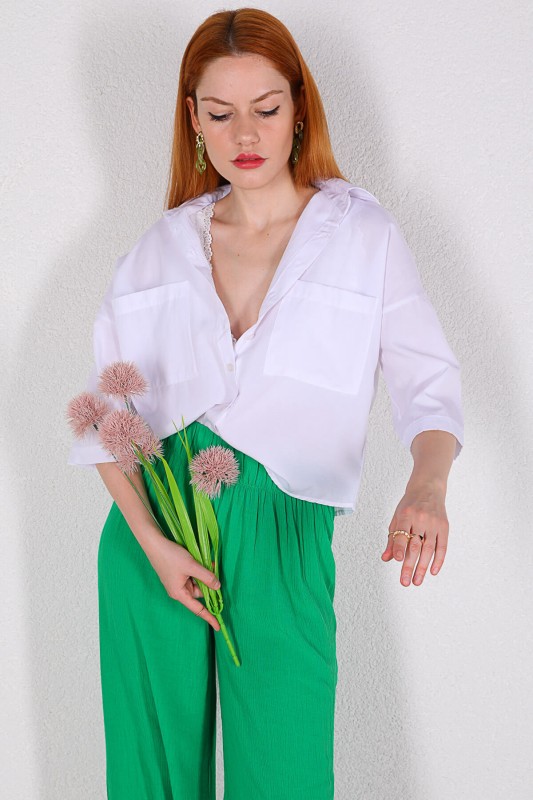 GML-10213 Beyaz Cepli Crop Salaş Gömlek