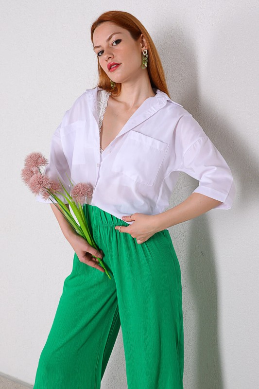 GML-10213 Beyaz Cepli Crop Salaş Gömlek