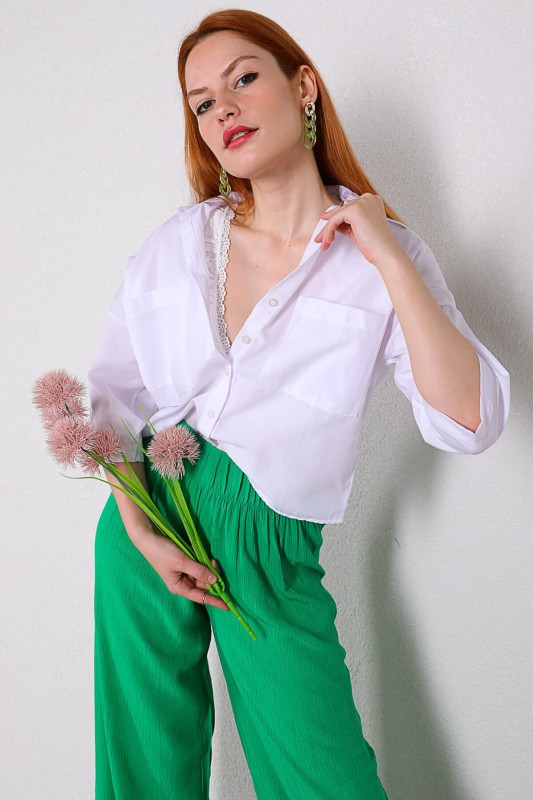 GML-10213 Beyaz Cepli Crop Salaş Gömlek