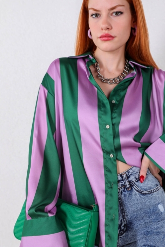 Cappmoda - GML-10214 Yeşil Mor Şeritli Salaş Saten Kumaş Gömlek (1)