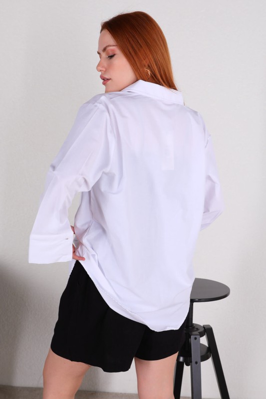 GML-10215 Beyaz Manşet Kol Detaylı Salaş Gömlek