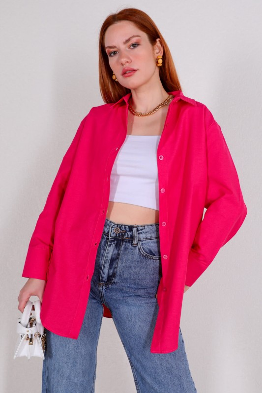 GML-10215 Pembe Manşet Kol Detaylı Salaş Gömlek