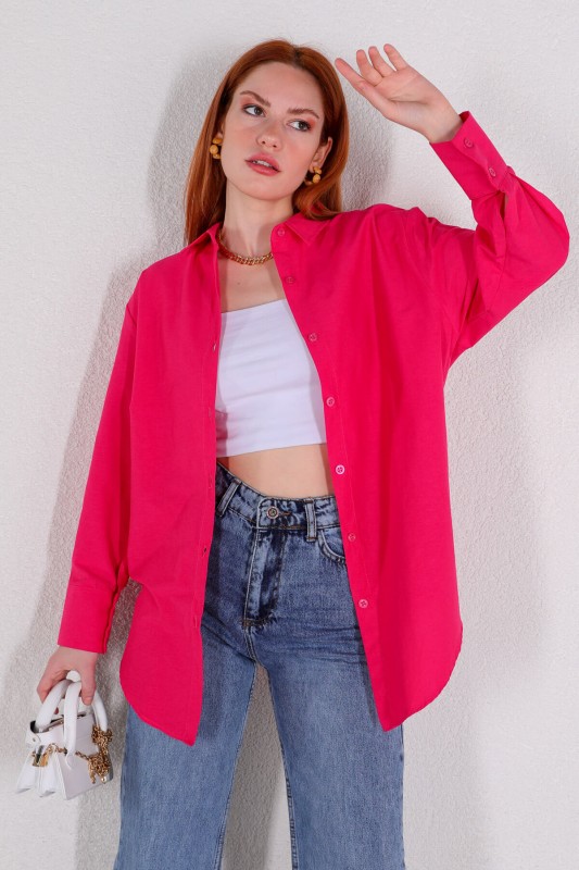 GML-10215 Pembe Manşet Kol Detaylı Salaş Gömlek