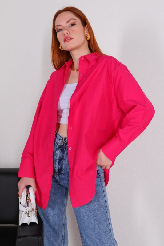 GML-10215 Pembe Manşet Kol Detaylı Salaş Gömlek