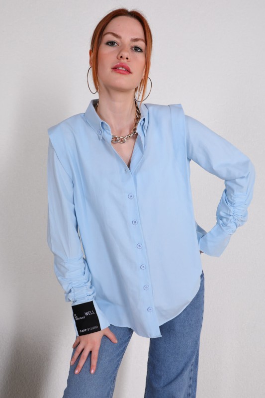 GML-10217 Mavi Etiket Kol Detaylı Vatkalı Gömlek