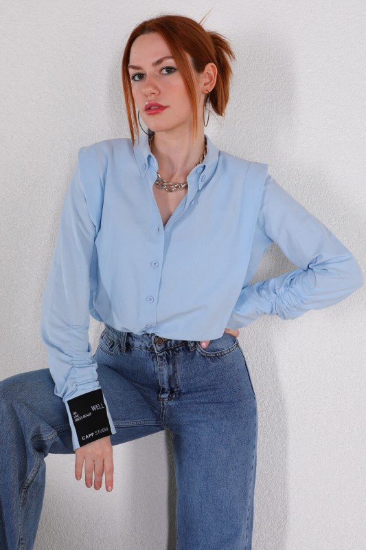 GML-10217 Mavi Etiket Kol Detaylı Vatkalı Gömlek