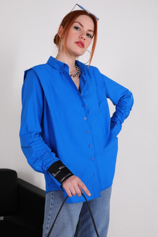 GML-10217 Saks Mavisi Etiket Kol Detaylı Vatkalı Gömlek
