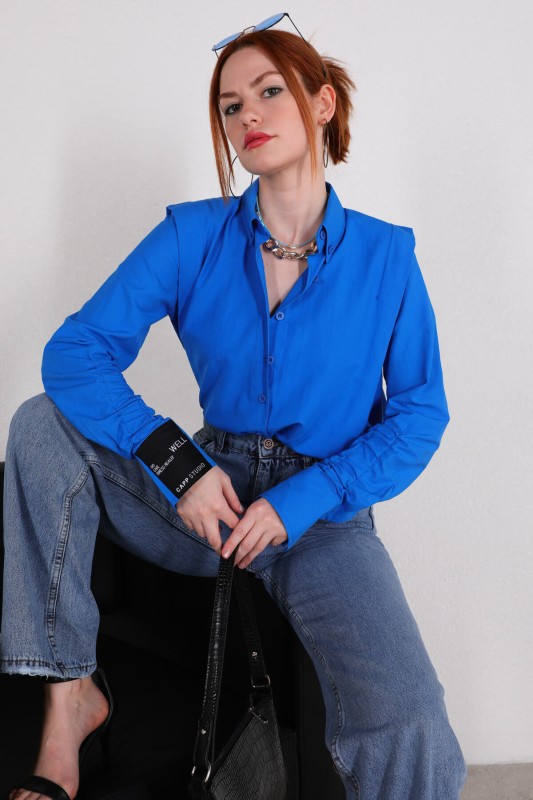 GML-10217 Saks Mavisi Etiket Kol Detaylı Vatkalı Gömlek