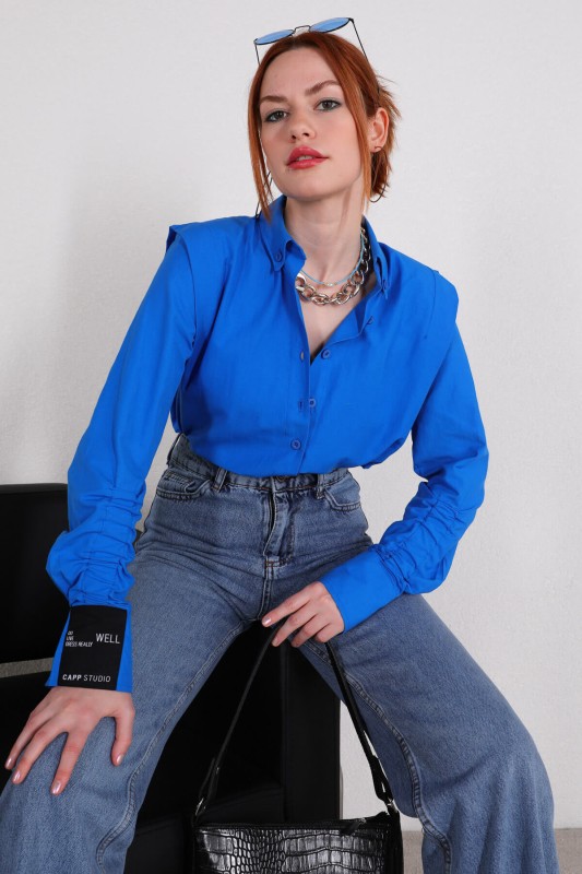 GML-10217 Saks Mavisi Etiket Kol Detaylı Vatkalı Gömlek