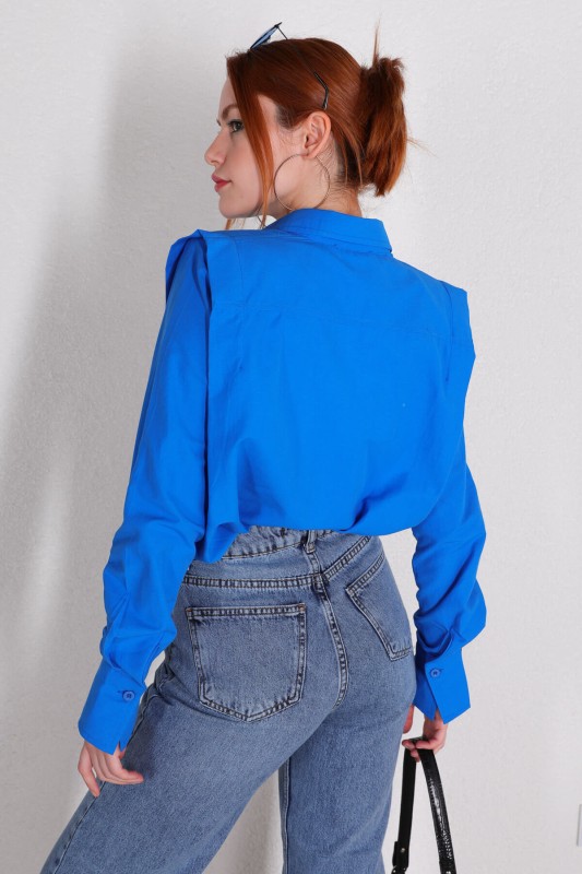 GML-10217 Saks Mavisi Etiket Kol Detaylı Vatkalı Gömlek