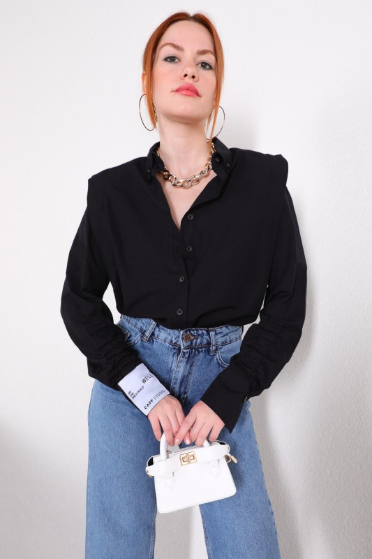 GML-10217 Siyah Etiket Kol Detaylı Vatkalı Gömlek