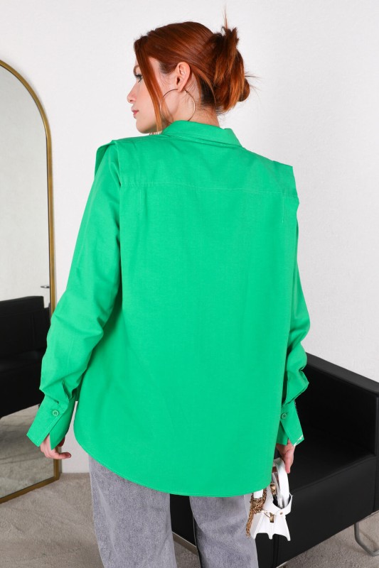 GML-10217 Yeşil Etiket Kol Detaylı Vatkalı Gömlek