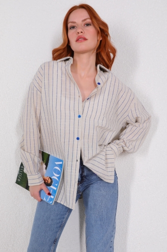 Cappmoda - GML-10219 Mavi Çizgili Salaş Keten Gömlek (1)