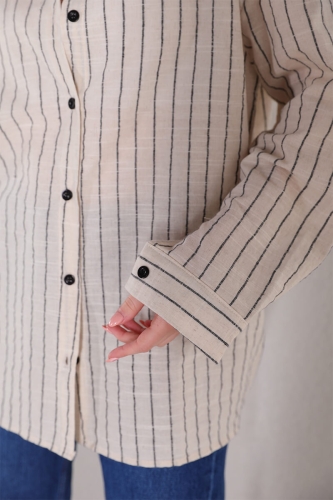 Cappmoda - GML-10219 Siyah Çizgili Salaş Keten Gömlek (1)